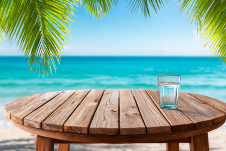 Glass of water resting on wooden table overlooking a vibrant blue oceanの素材