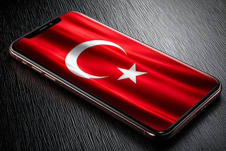 Smartphone screen displaying Turkish flag representing national pride and digital communicationの素材