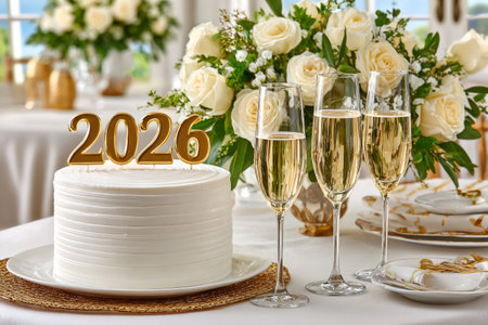 Elegant table setting with 2026 cake, champagne flutes, and white roses celebrating the new yearの素材
