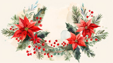 Festive watercolor wreath decorating with poinsettia flowers, holly leaves, and red berriesの素材