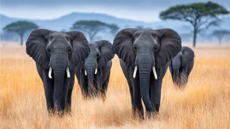 African elephants walking together, migrating across dry grassland under a pale skyの素材
