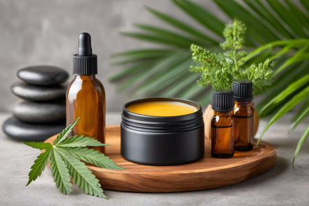 Cannabis leaf with spa essential oils and balm for wellness and skincareの素材