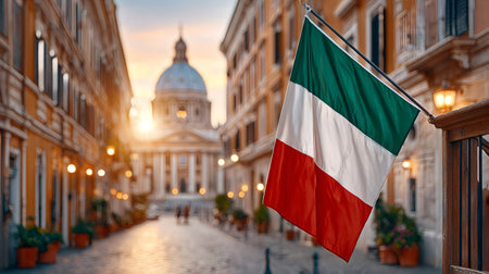 Italian flag in the foreground with st. Peter's Basilica in Rome at sunsetの素材