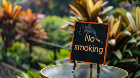 No smoking warning sign standing on an outdoor table amidst green plantsの素材