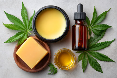 Cbd oil, balm, and soap with hemp leaves for natural skincare and wellnessの素材