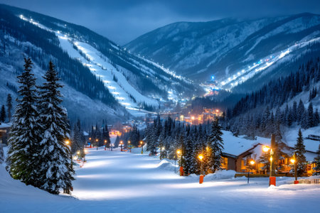 Illuminated ski slopes and a mountain village nestled in a snowy valley at nightの素材