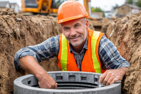 Mature man in safety vest and hard hat working on underground pipesの素材