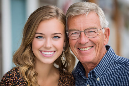 Grandfather and granddaughter smiling together, sharing a happy family momentの素材