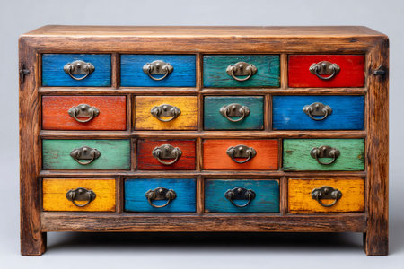 Wooden cabinet featuring multiple small, colorful drawers, offering versatile storage and organizationの素材