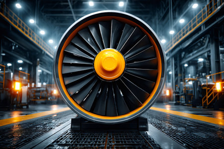 Large jet engine fan assembly resting on a factory floor in a modern industrial settingの素材