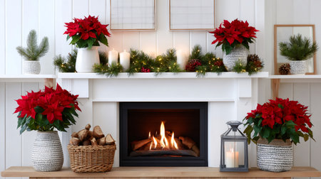 Festive fireplace decorated with garland, lighted candles, and poinsettia flowers creating a cozy holiday atmosphereの素材