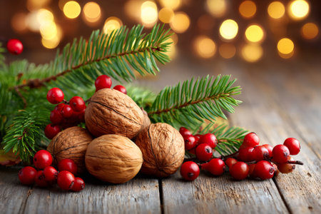 Walnuts, red berries, and fir branches decorating a rustic wooden table with sparkling bokeh lightsの素材