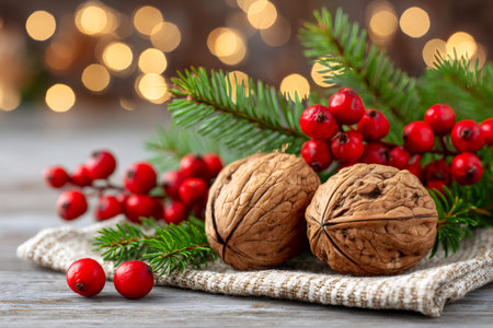Walnuts and red berries on a festive spruce branch with sparkling bokeh lights backgroundの素材