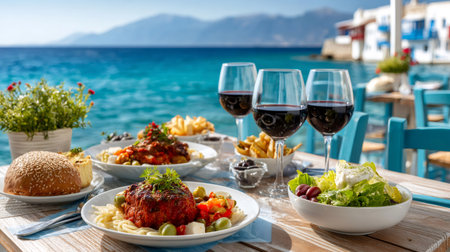 Greek food and red wine on a wooden table overlooking the clear blue Aegean seaの素材