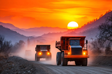 Large industrial machinery hauling materials on a construction site during a vivid sunsetの素材