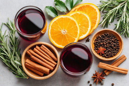 Red wine in glasses with sliced orange, cinnamon sticks, rosemary, and spices on a gray backgroundの素材