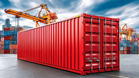 Large red freight container on a dock, with cranes and stacked containers in the backgroundの素材