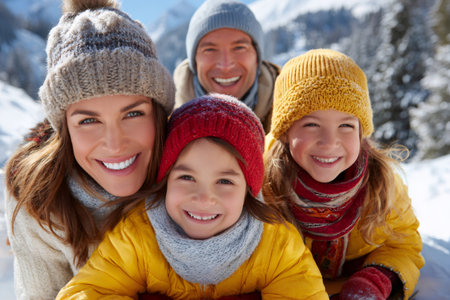 Parents and children smiling, wearing warm clothes in a snowy mountain landscapeの素材