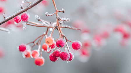 Red berries covered in shimmering ice on tree branches during winterの素材