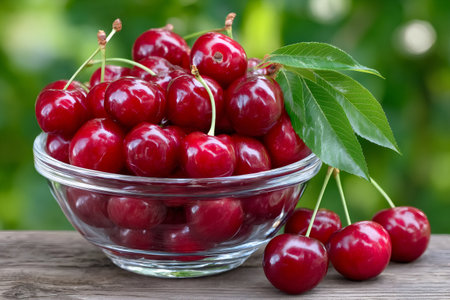Freshly picked sweet red cherries in a glass bowl on a wooden background, ready for eatingの素材