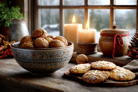 Winter still life with nuts, cookies, and candles by a window on a wooden tableの素材