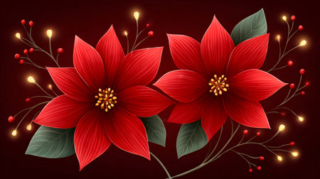 Red poinsettia flowers and berries decorating a festive holiday illustrationの素材