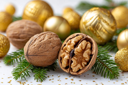 Walnuts with fir branch and golden decorative baubles on a white backgroundの素材