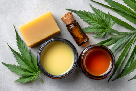 Cannabis leaves with cbd oil, cream, and soap on a gray backgroundの素材