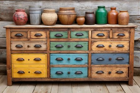 Old wooden haberdashery chest providing rustic storage with various colorful vintage potsの素材
