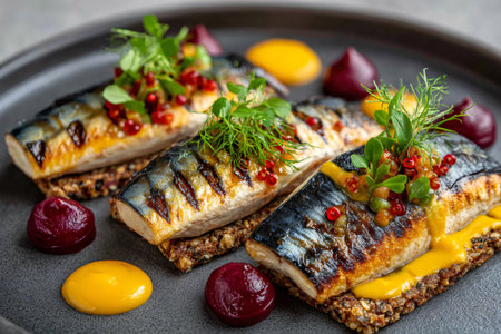 Grilling mackerel fillets on cracker bread with dill, lingonberry, beetroot, and mustard pureeの素材