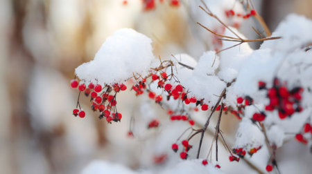 Red berries on a snow covered branch highlighting the cold winter seasonの素材