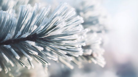 Pine branch with frozen needles reflecting sunlight, showing winter nature and coldの素材