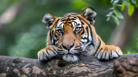 Young bengal tiger resting its paws on a log, looking intently at the viewerの素材