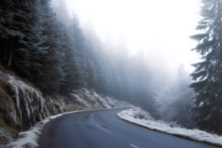Winding road curving through a dense forest with frost and fog covering the treesの素材