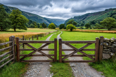 Countryside wooden gate path guiding through green fields and rolling hills under a cloudy skyの素材