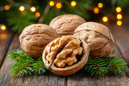 Walnuts and green fir branches decorating a rustic wooden table with bokeh lightsの素材