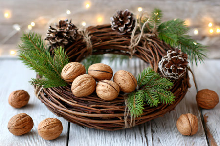 Rustic Christmas wreath with natural elements and walnuts on a light wooden backgroundの素材