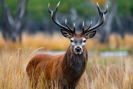 Red deer stag standing in tall golden grass with large antlers in autumnの素材