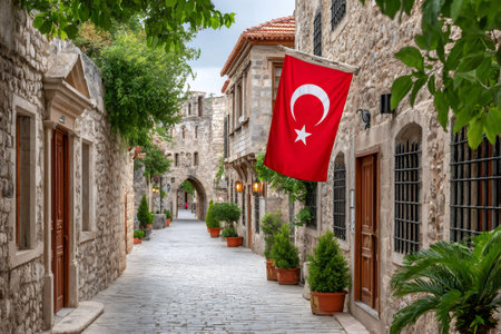 Flag of turkey flying on an old stone building in a narrow cobblestone alleyの素材