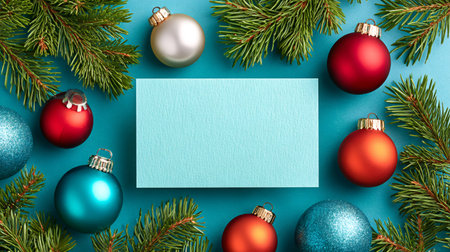 Colorful christmas baubles and pine branches decorating a blank textured card on a blue backgroundの素材