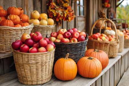 Fresh seasonal produce including apples and pumpkins arranged in rustic baskets for an autumn market displayの素材