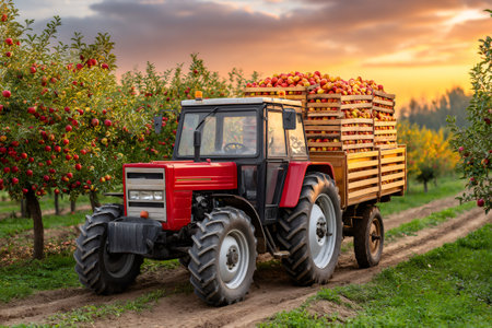 Red tractor pulling trailer full of wooden crates with fresh apples during autumn harvestの素材