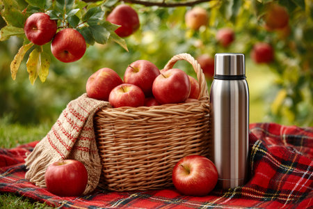 Fresh red apples in a wicker basket with a thermos on a plaid blanketの素材