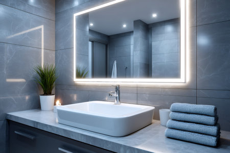 Contemporary gray bathroom with a white sink, faucet, illuminated mirror, and folded towelsの素材