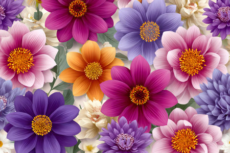 Vibrant dahlias in varying colors arranged as a detailed repeating floral backdropの素材