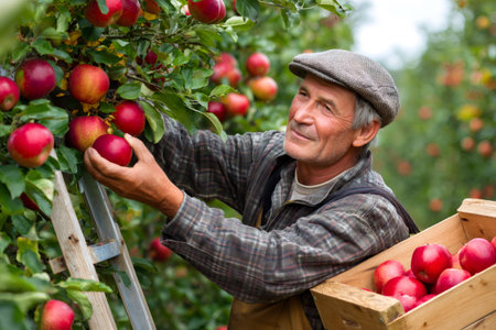 Farmer harvesting fresh apples from a tree into a wooden crateの素材