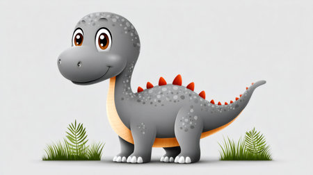 Adorable cartoon dinosaur character standing on grass with a happy expressionの素材