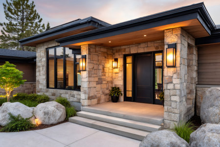 Modern house exterior featuring stone facade, welcoming porch, and warm lighting at sunsetの素材