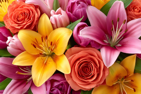 Vibrant flower bouquet blooming with colorful lilies, roses, and tulipsの素材