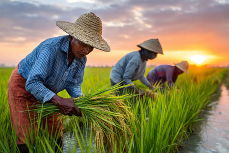 Farmers are hand harvesting ripened rice crops in a flooded paddy field at sunsetの素材